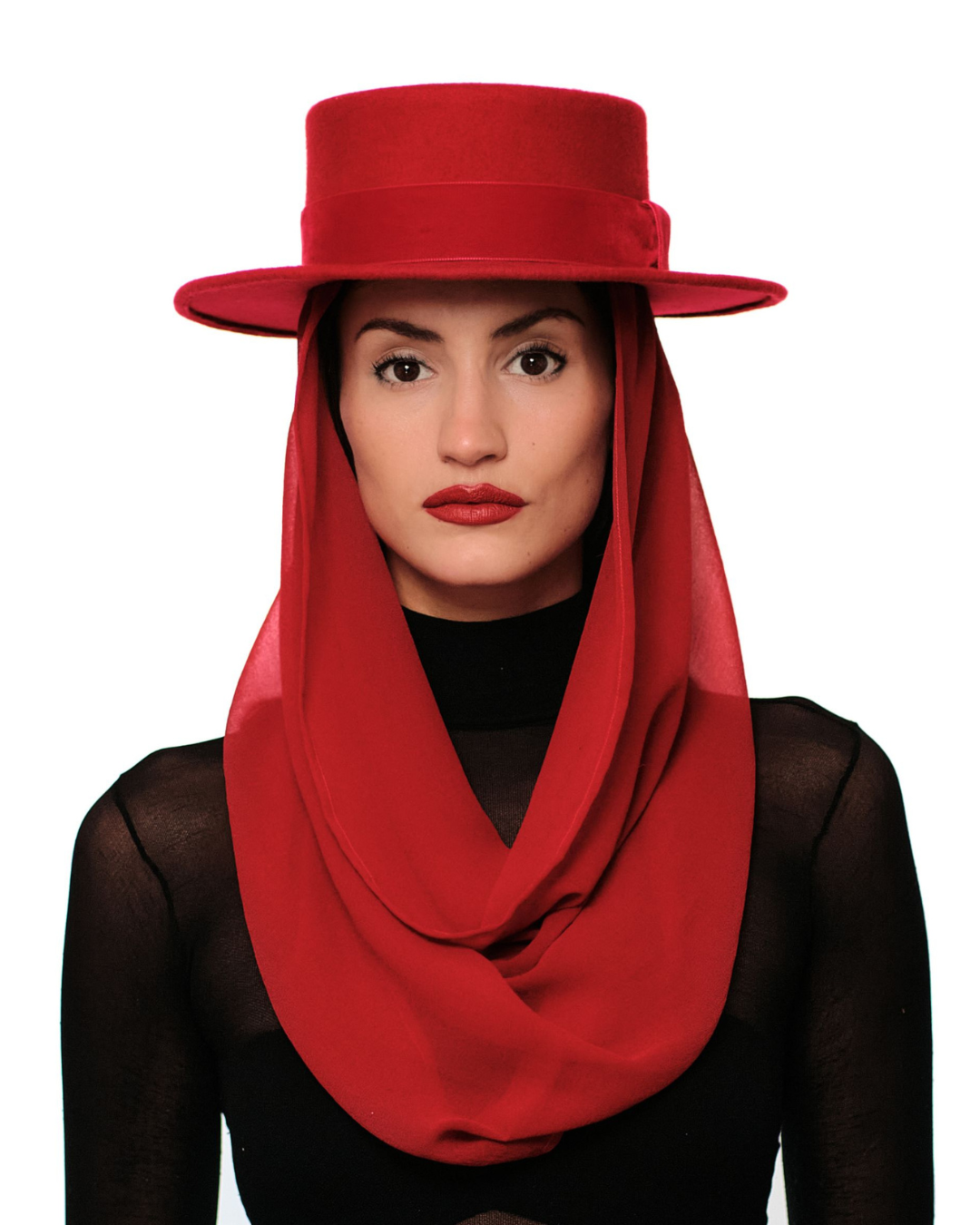 Red Boater Hat with Scarf