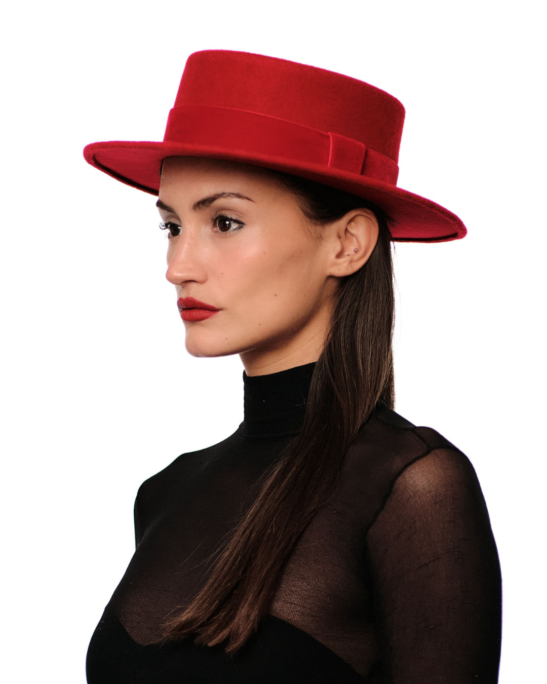Red Boater Hat with Scarf