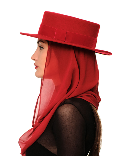Red Boater Hat with Scarf