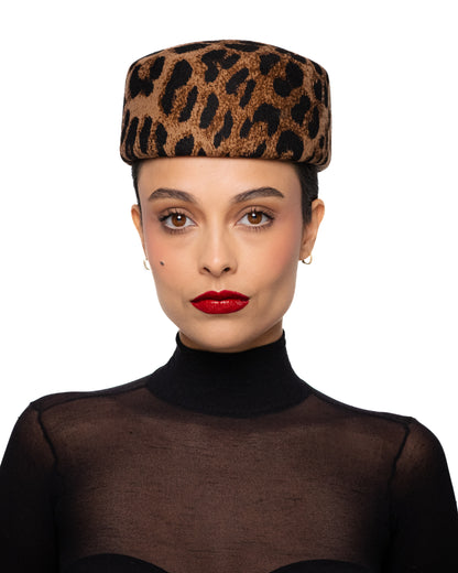 Leopard Print Wool Pillbox Hat