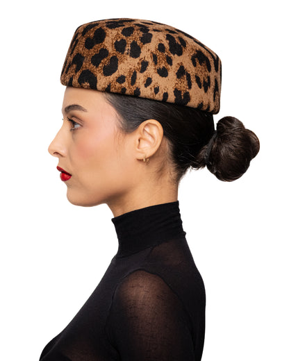 Leopard Print Wool Pillbox Hat