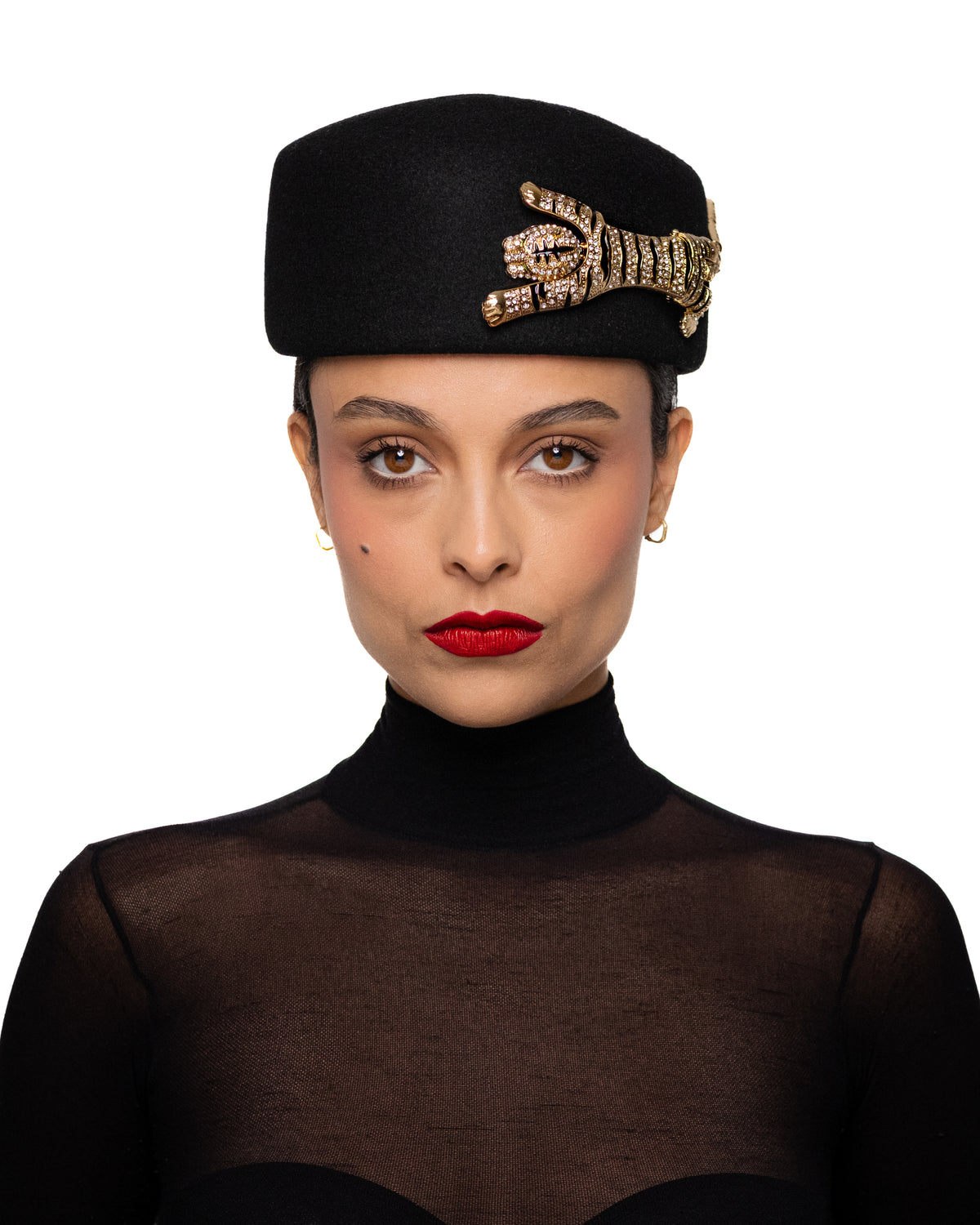 Black Pillbox Hat with Tiger Brooch