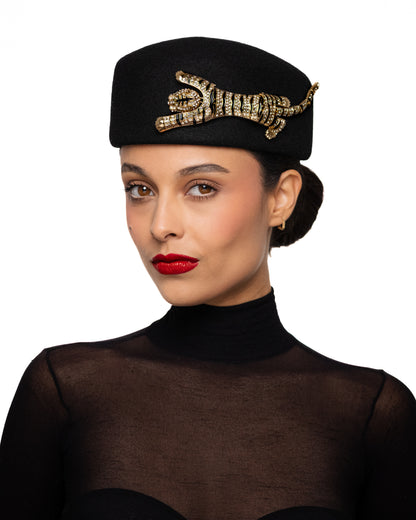 Black Pillbox Hat with Tiger Brooch