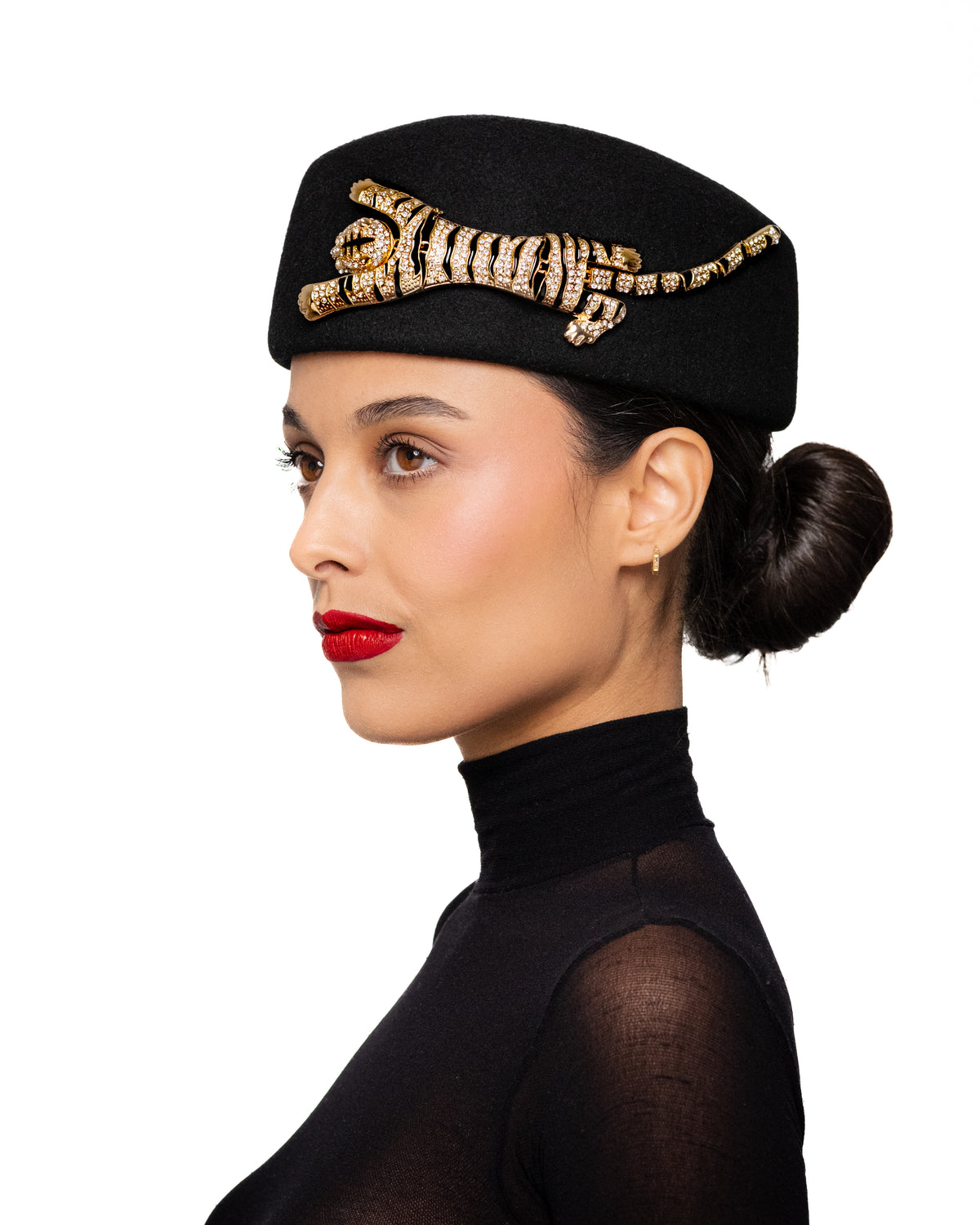 Black Pillbox Hat with Tiger Brooch
