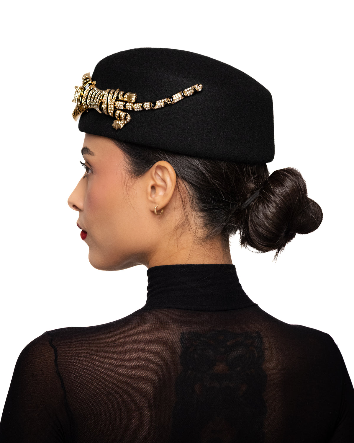 Black Pillbox Hat with Tiger Brooch
