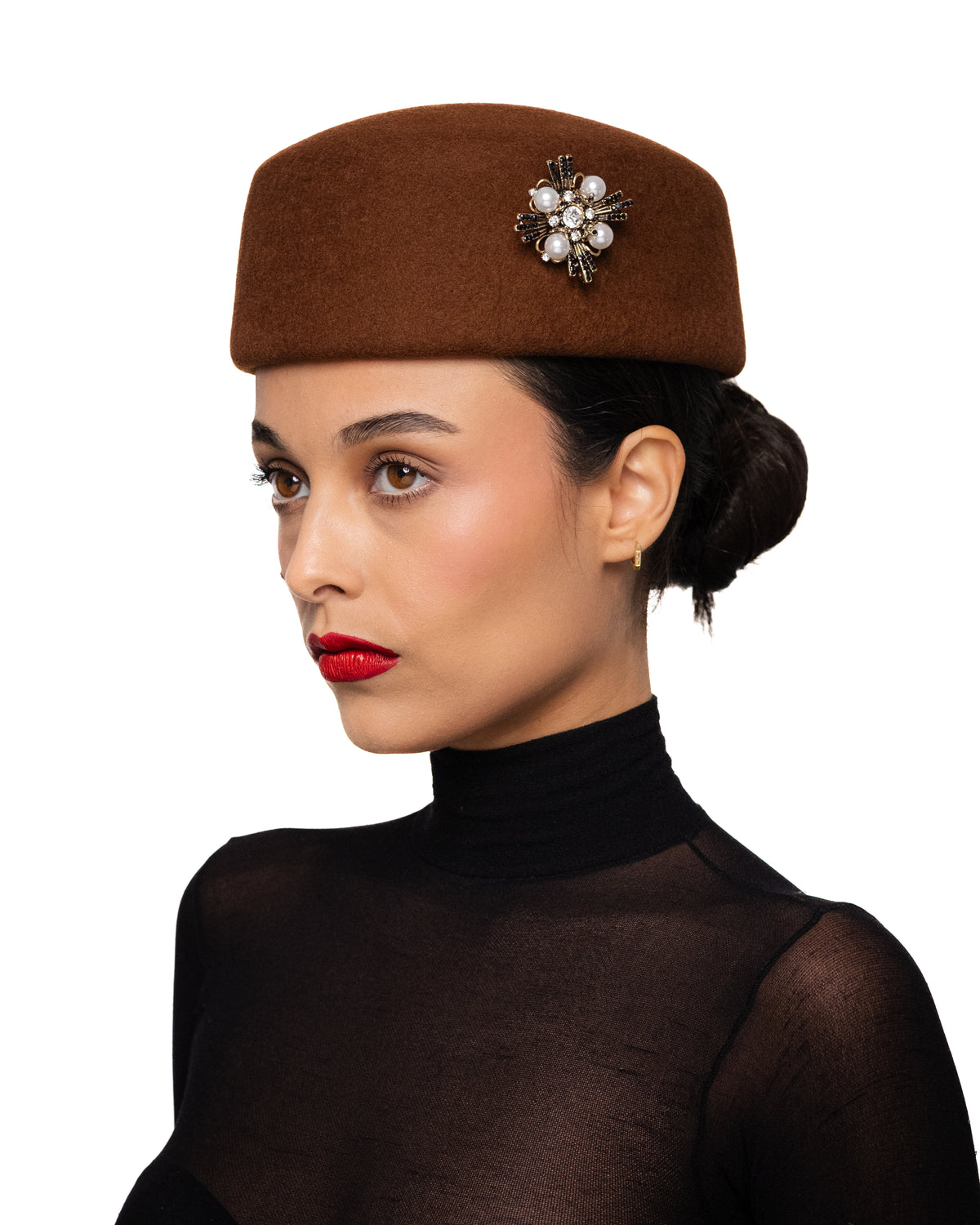 Brown Pillbox Hat with Baroque Brooch