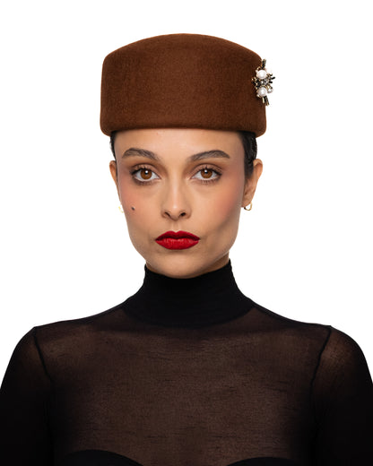 Brown Pillbox Hat with Baroque Brooch