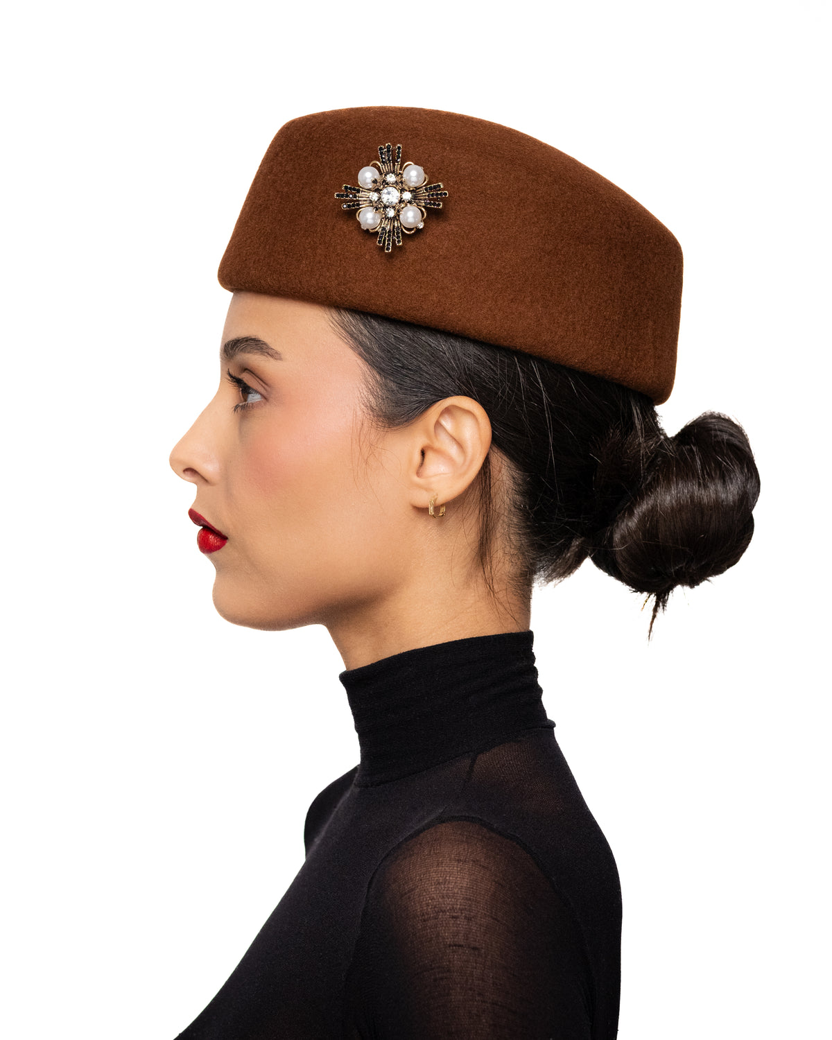 Brown Pillbox Hat with Baroque Brooch