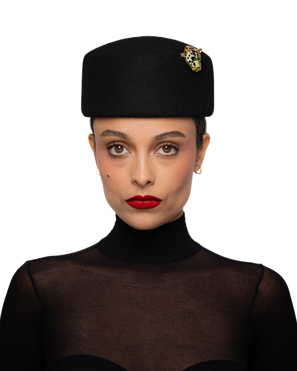 Black Pillbox Hat with Leopard Head Brooch