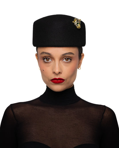 Black Pillbox Hat with Leopard Head Brooch