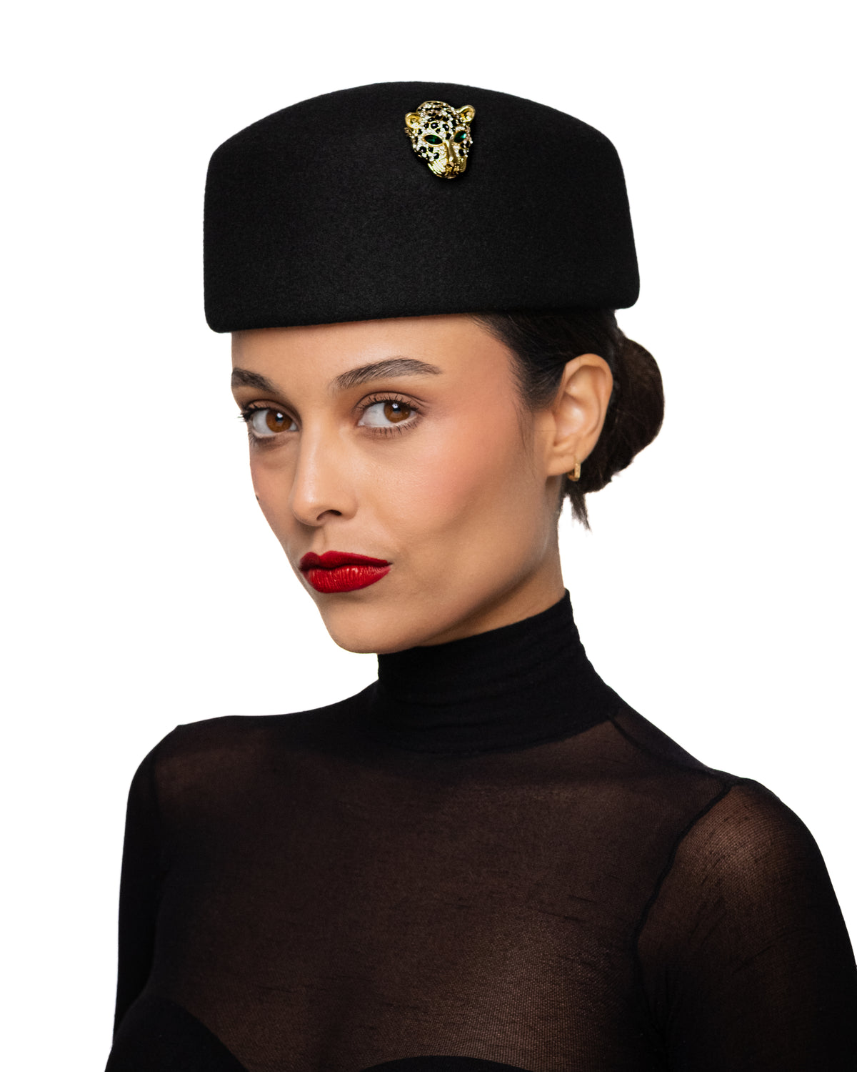 Black Pillbox Hat with Leopard Head Brooch