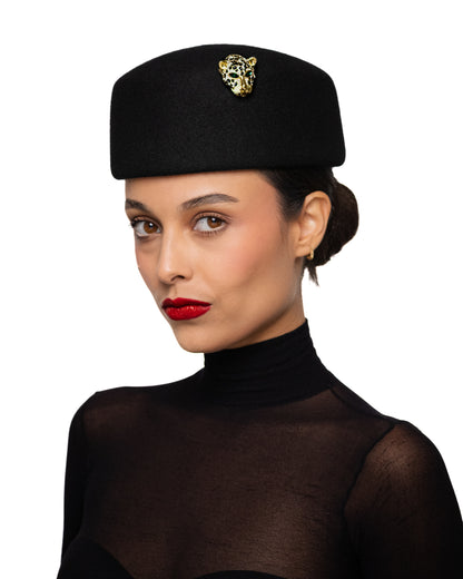 Black Pillbox Hat with Leopard Head Brooch