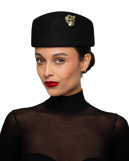 Black Pillbox Hat with Leopard Head Brooch