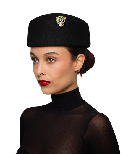 Black Pillbox Hat with Leopard Head Brooch